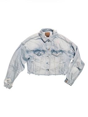 American Eagle Distressed Cropped Denim Jacket Size XS 100% Cotton